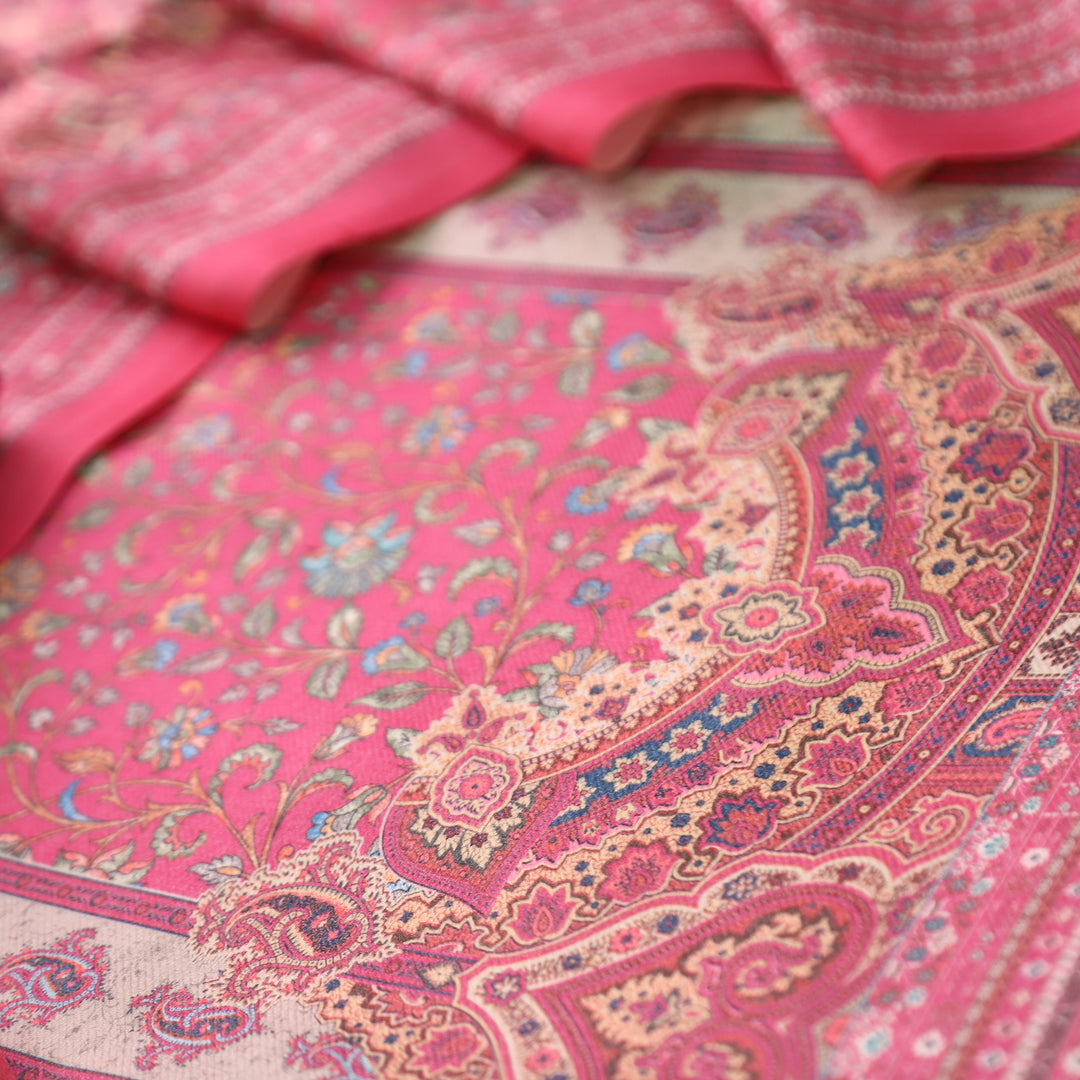 Raashi Punch Pink Panel Styel Digitial Kashmiri Print Semi Pashmina Winter Set
