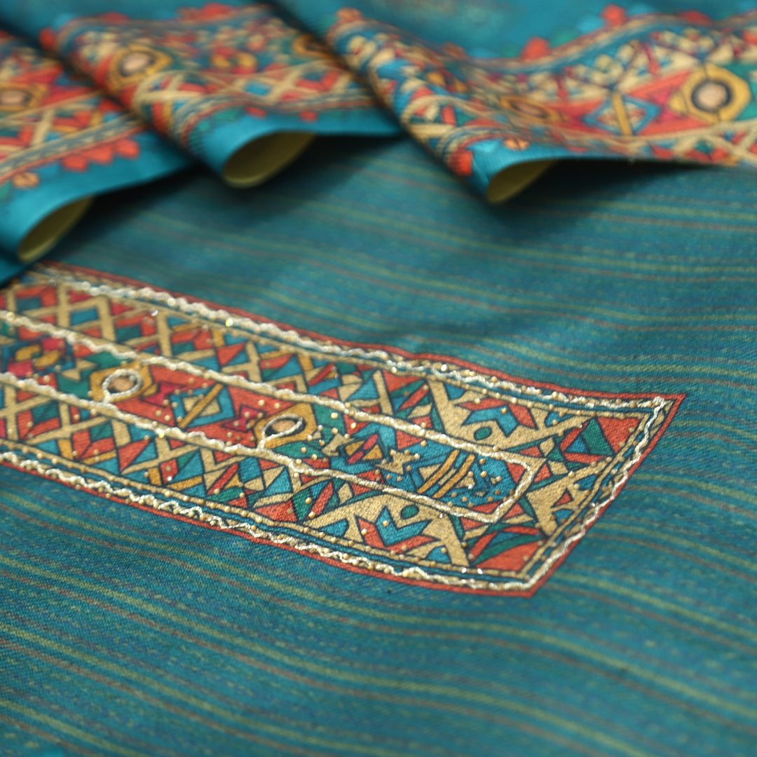 Tamanna Cerulean Teal Digital Printed Hem Semi Pashmina Winter Set