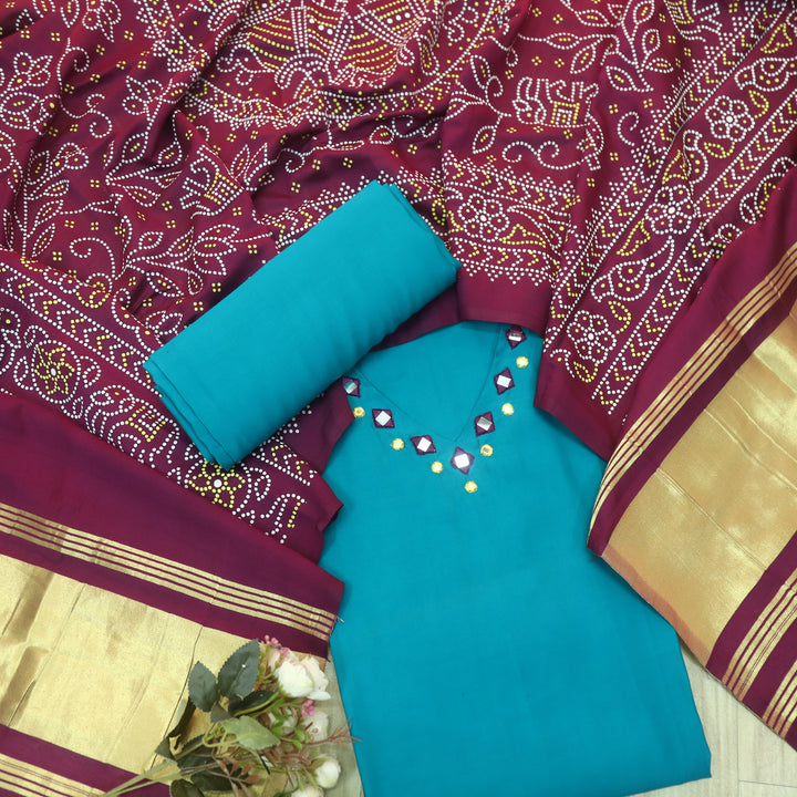 Paaki Canton Jade Teal Mirror Work V Neck Roman Silk Suit Set