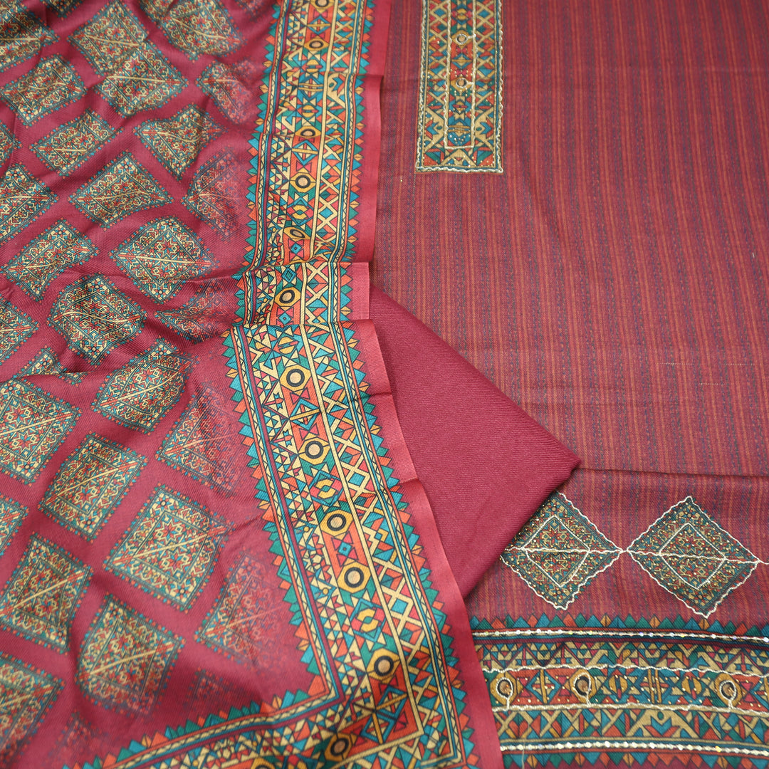 Tamanna Blush Berry Digital Printed Hem Semi Pashmina Winter Set