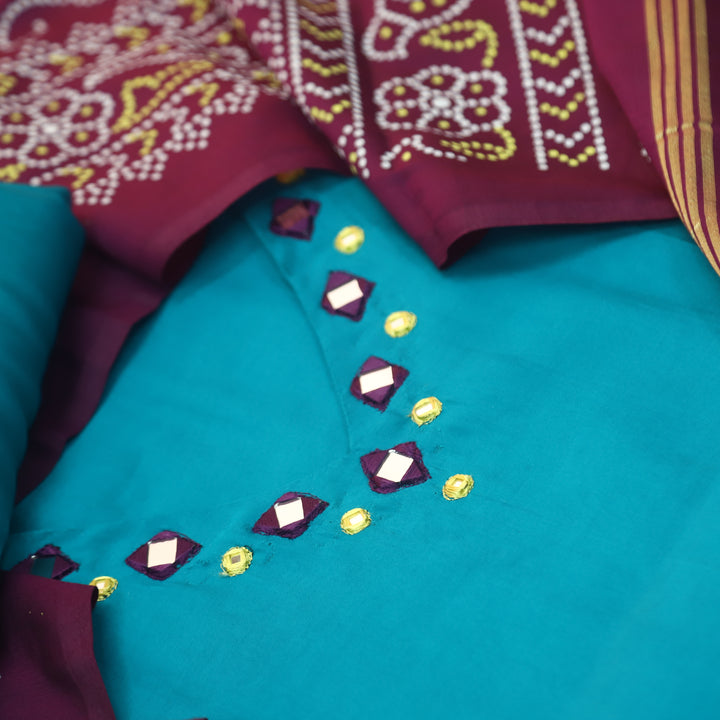 Paaki Canton Jade Teal Mirror Work V Neck Roman Silk Suit Set