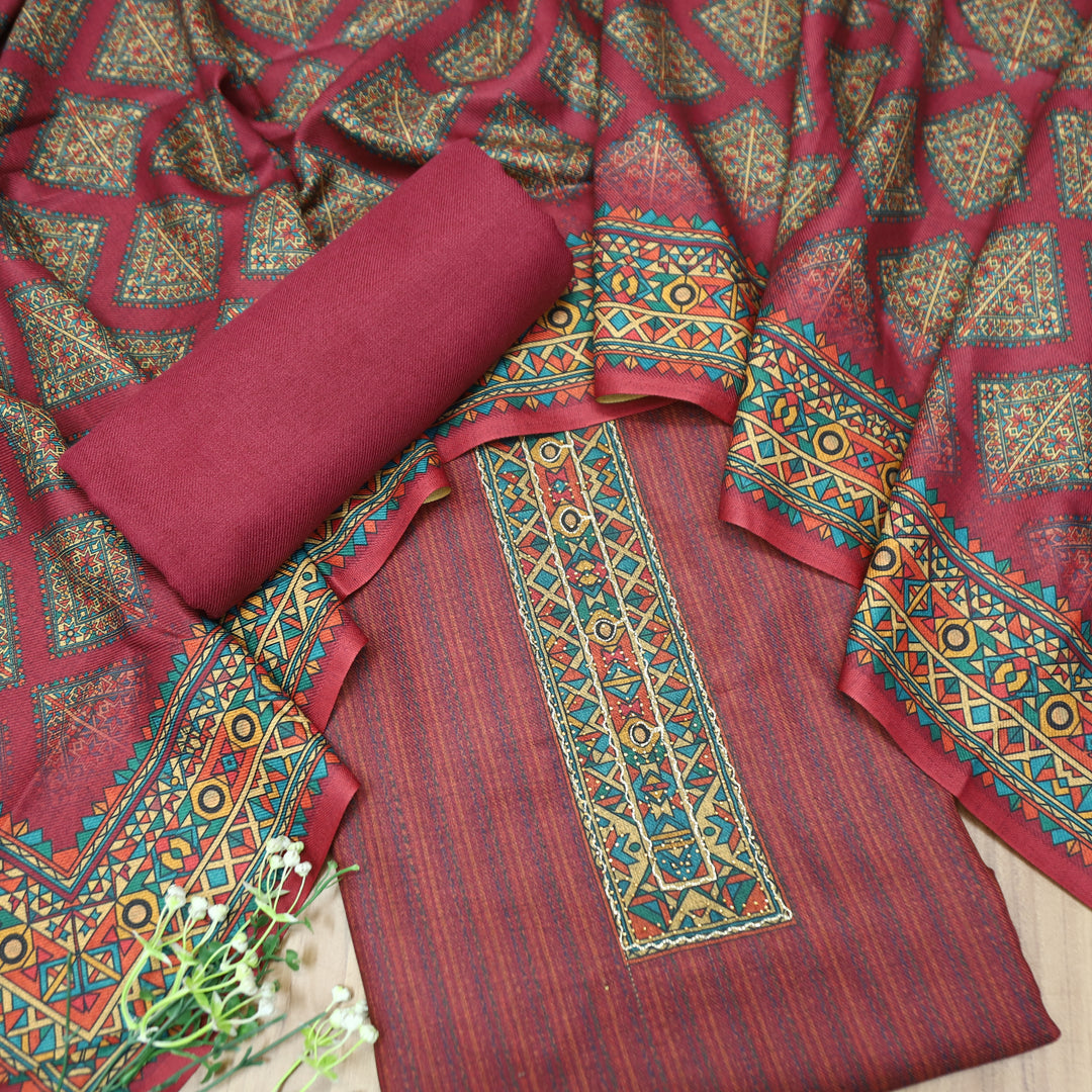 Tamanna Blush Berry Digital Printed Hem Semi Pashmina Winter Set