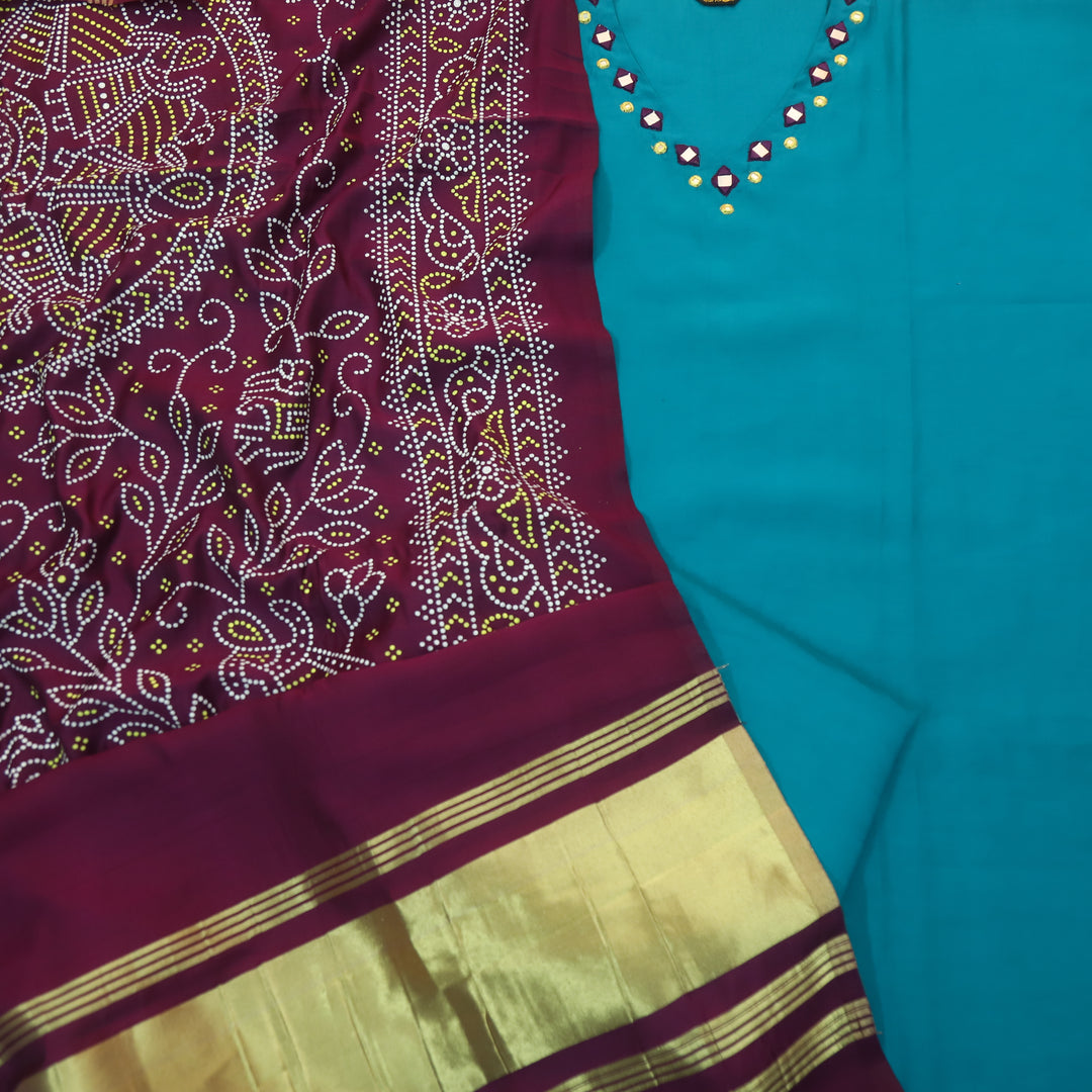 Paaki Canton Jade Teal Mirror Work V Neck Roman Silk Suit Set