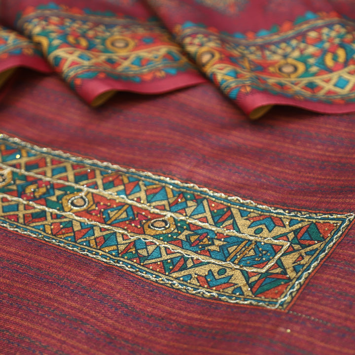 Tamanna Blush Berry Digital Printed Hem Semi Pashmina Winter Set
