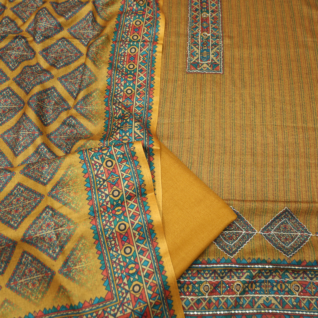 Tamanna Dijon Yellow Digital Printed Hem Semi Pashmina Winter Set