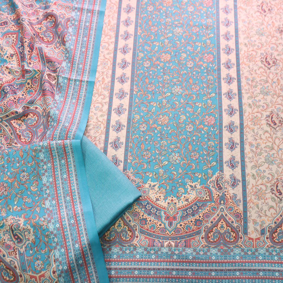 Raashi Aqua Blue Panel Styel Digitial Kashmiri Print Semi Pashmina Winter Set