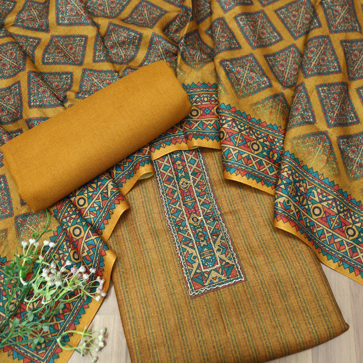 Tamanna Dijon Yellow Digital Printed Hem Semi Pashmina Winter Set