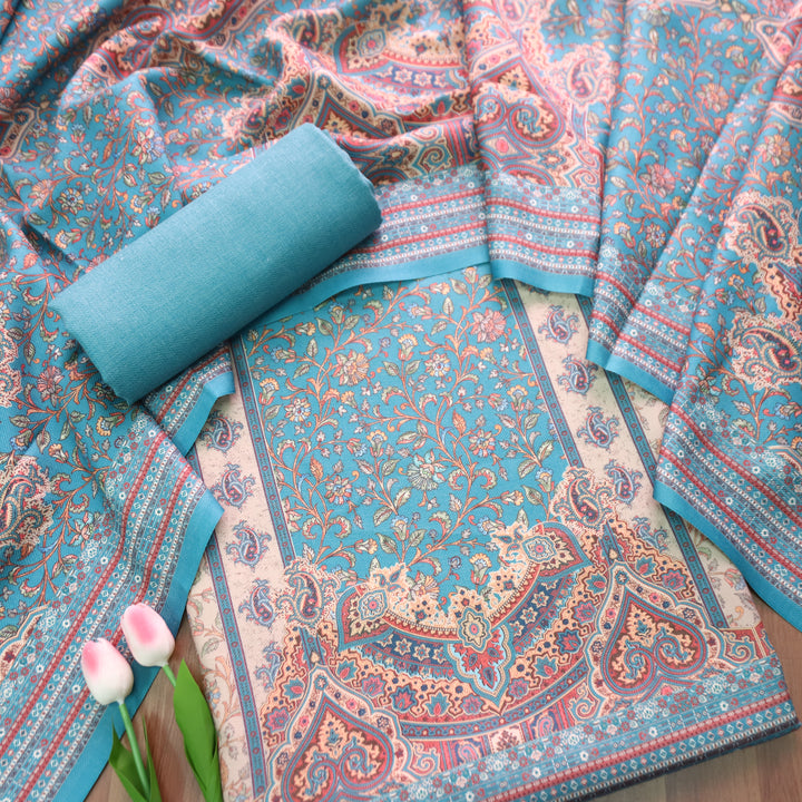 Raashi Aqua Blue Panel Styel Digitial Kashmiri Print Semi Pashmina Winter Set