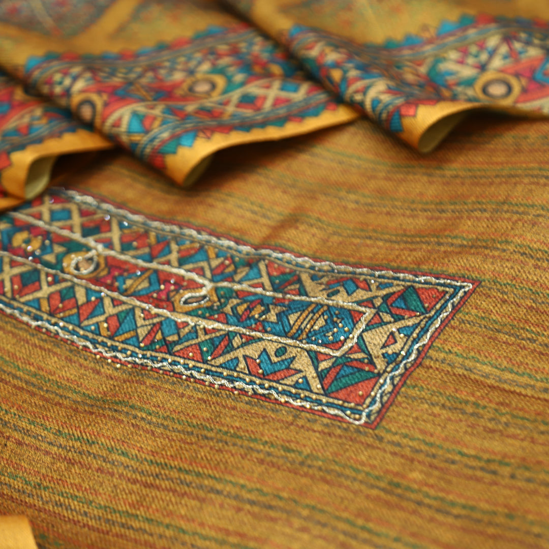 Tamanna Dijon Yellow Digital Printed Hem Semi Pashmina Winter Set