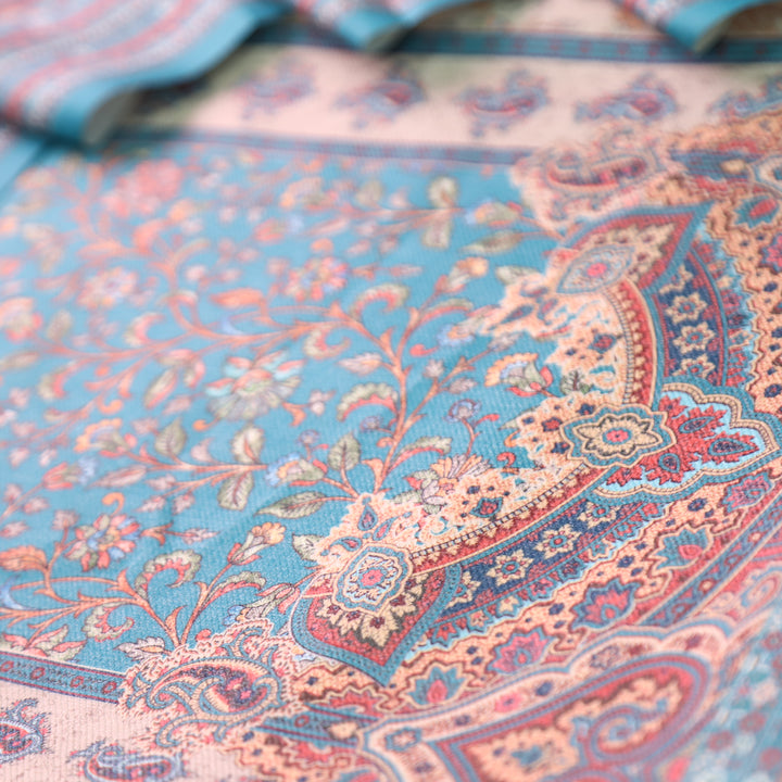 Raashi Aqua Blue Panel Styel Digitial Kashmiri Print Semi Pashmina Winter Set