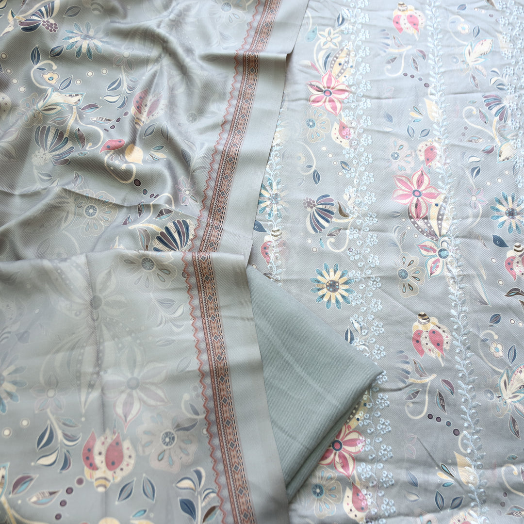 Raavi Sky Grey Floral Printed with Panel Style Embroidered Winter Set