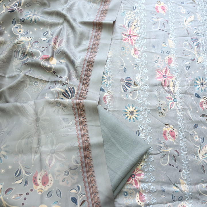 Raavi Sky Grey Floral Printed with Panel Style Embroidered Winter Set