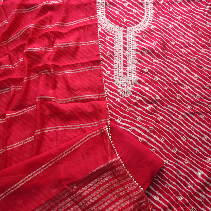 Rahi Magenta Pink Zari Neck Work with Leheriya Printed Modal Suit Set