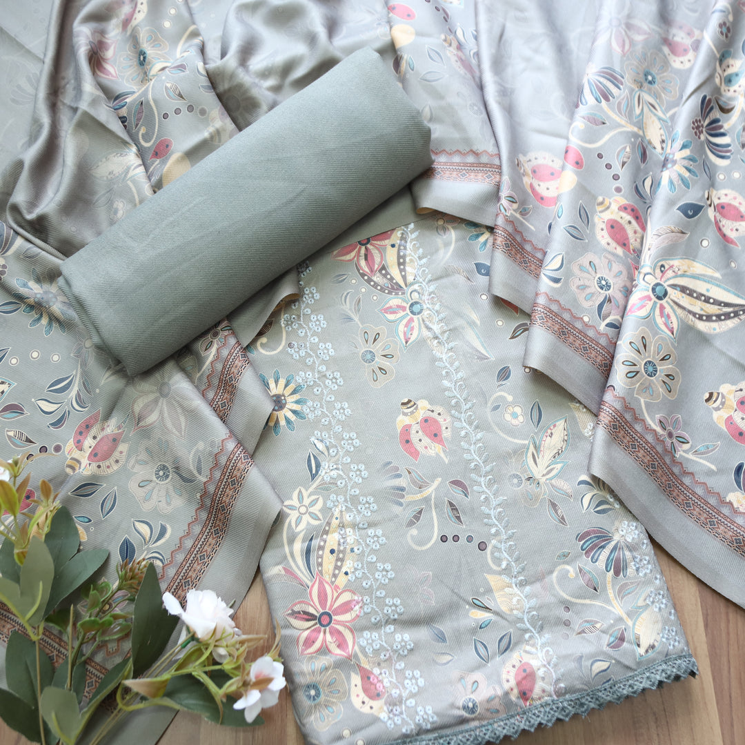Raavi Sky Grey Floral Printed with Panel Style Embroidered Winter Set
