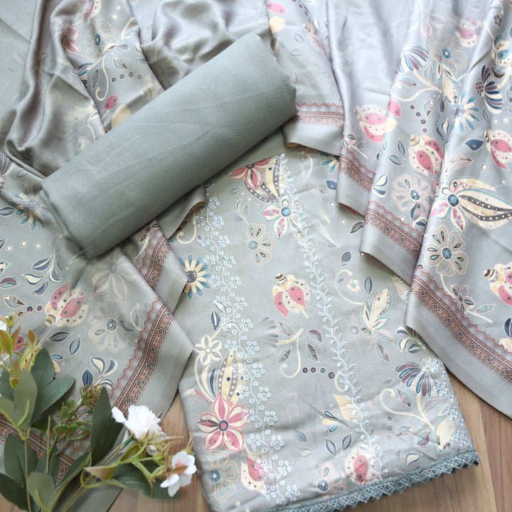 Raavi Sky Grey Floral Printed with Panel Style Embroidered Winter Set