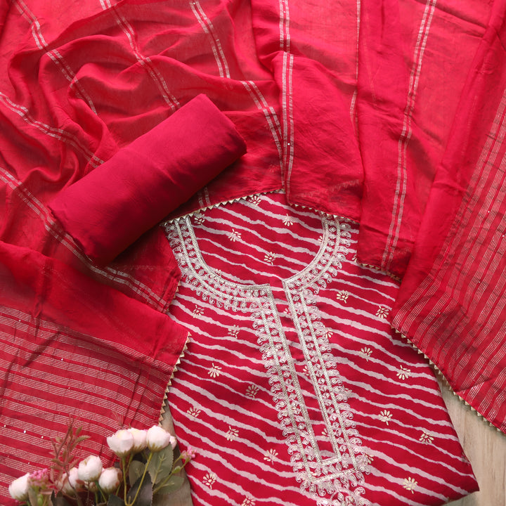 Rahi Magenta Pink Zari Neck Work with Leheriya Printed Modal Suit Set