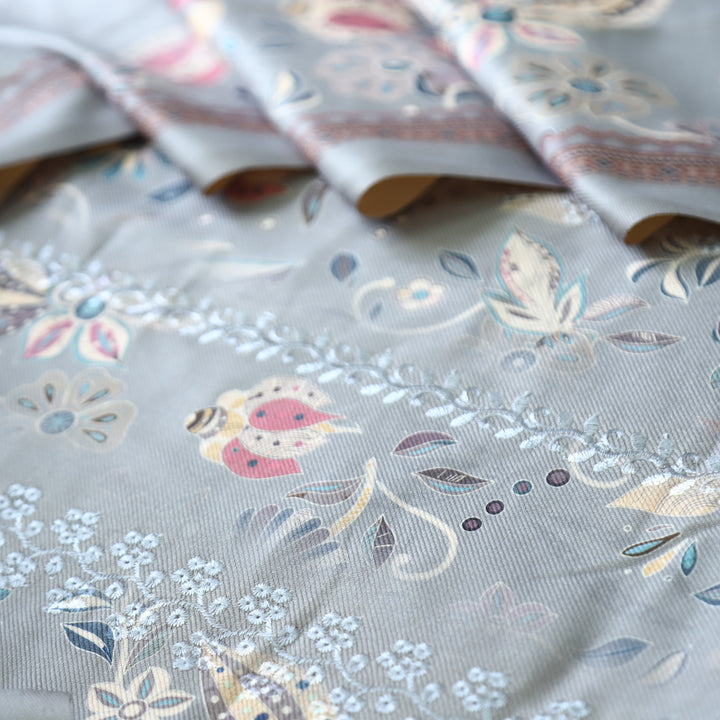 Raavi Sky Grey Floral Printed with Panel Style Embroidered Winter Set