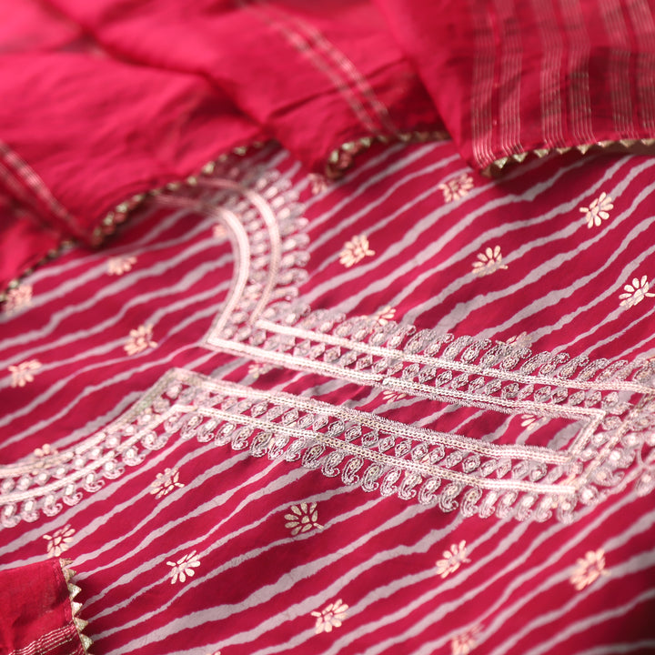 Rahi Magenta Pink Zari Neck Work with Leheriya Printed Modal Suit Set
