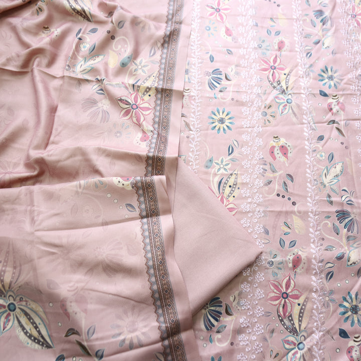 Raavi Creamy Pink Floral Printed with Panel Style Embroidered Winter Set