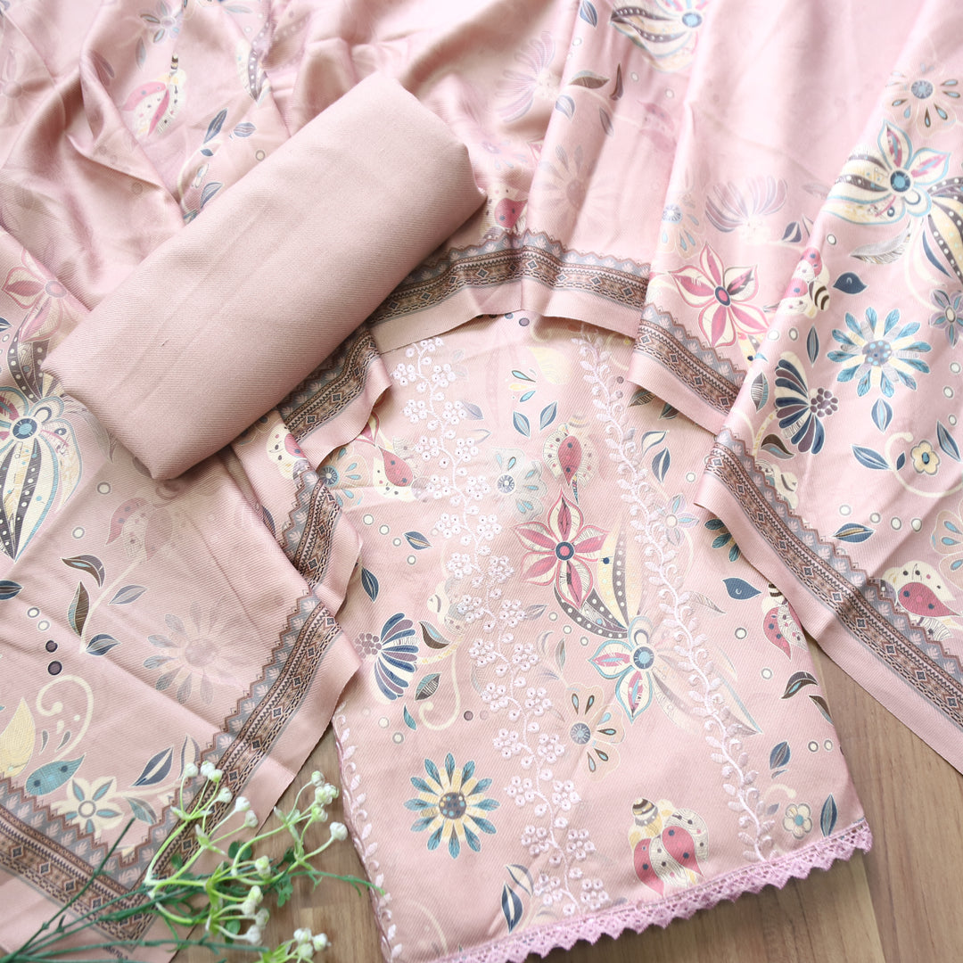 Raavi Creamy Pink Floral Printed with Panel Style Embroidered Winter Set