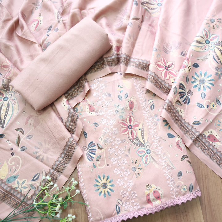 Raavi Creamy Pink Floral Printed with Panel Style Embroidered Winter Set