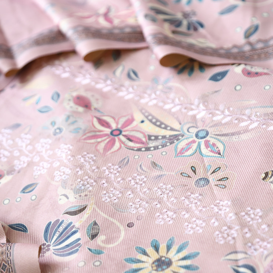 Raavi Creamy Pink Floral Printed with Panel Style Embroidered Winter Set