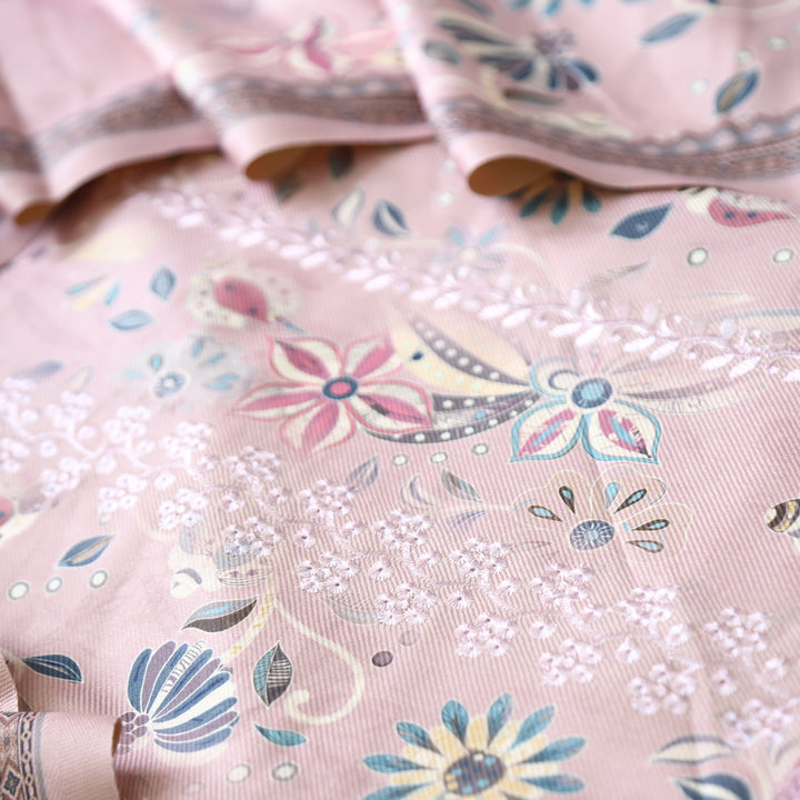 Raavi Creamy Pink Floral Printed with Panel Style Embroidered Winter Set