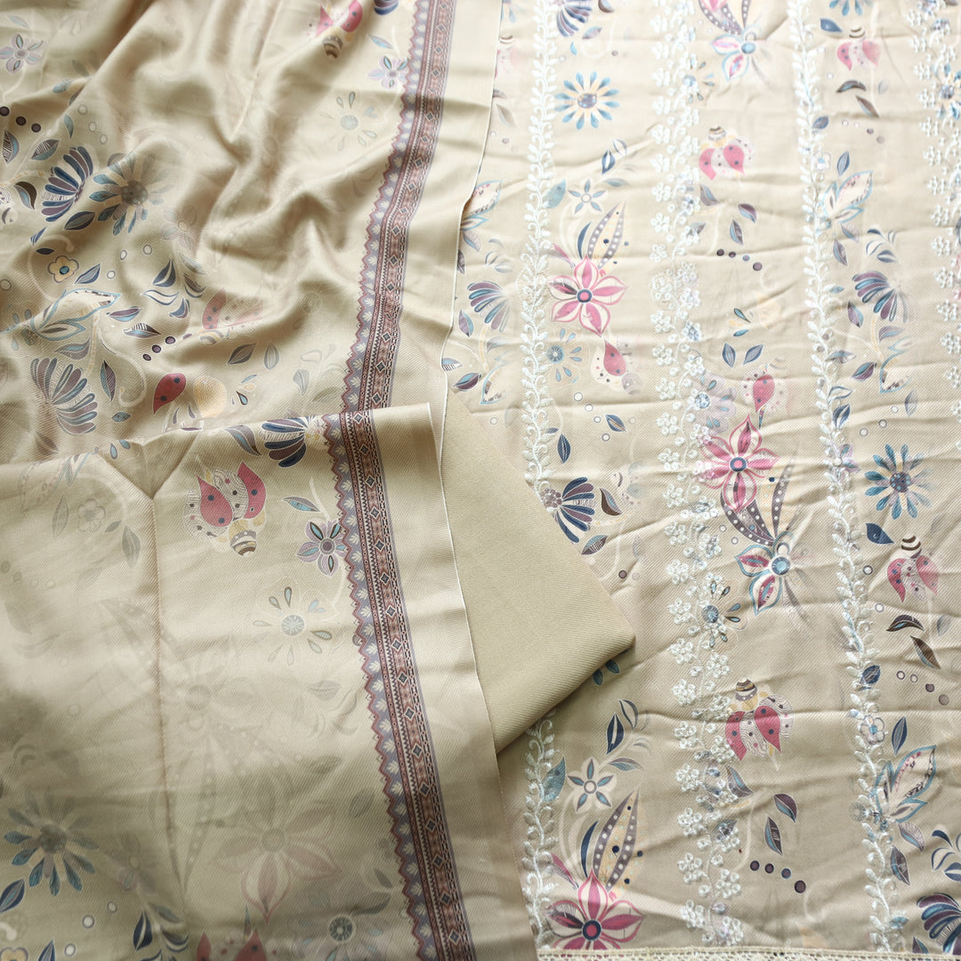 Raavi Sand Cream Floral Printed with Panel Style Embroidered Winter Set