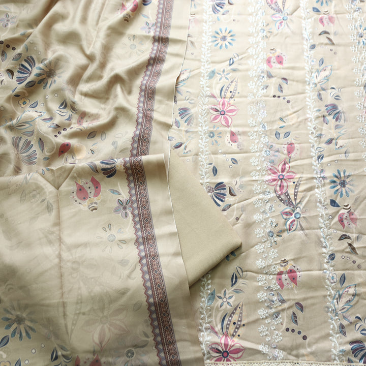 Raavi Sand Cream Floral Printed with Panel Style Embroidered Winter Set