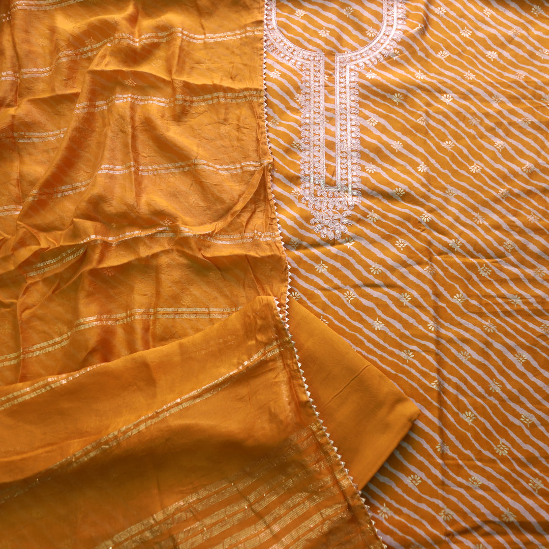 Rahi Mustard Yellow Zari Neck Work with Leheriya Printed Modal Suit Set