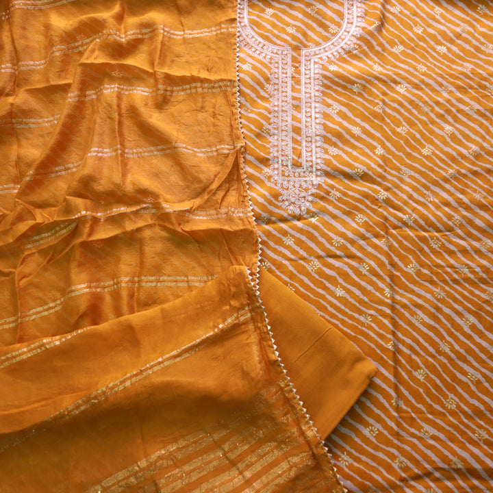 Rahi Mustard Yellow Zari Neck Work with Leheriya Printed Modal Suit Set