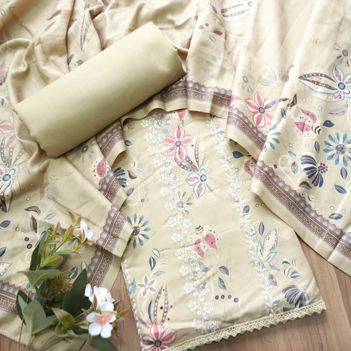 Raavi Sand Cream Floral Printed with Panel Style Embroidered Winter Set