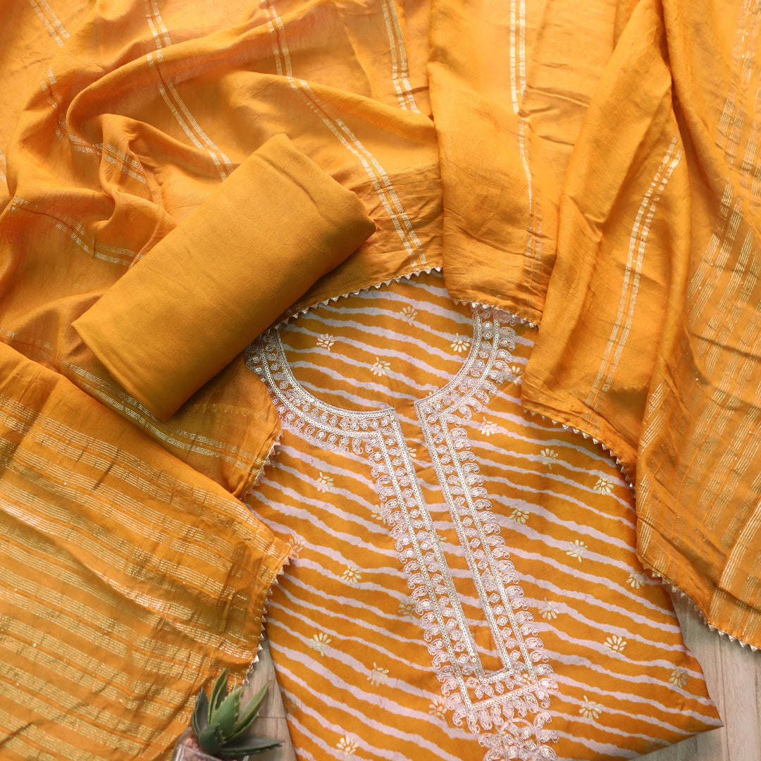 Rahi Mustard Yellow Zari Neck Work with Leheriya Printed Modal Suit Set
