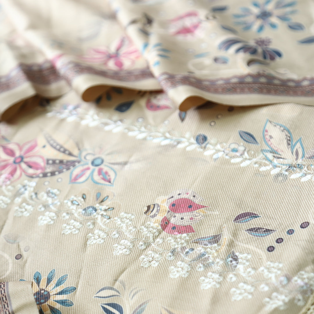 Raavi Sand Cream Floral Printed with Panel Style Embroidered Winter Set