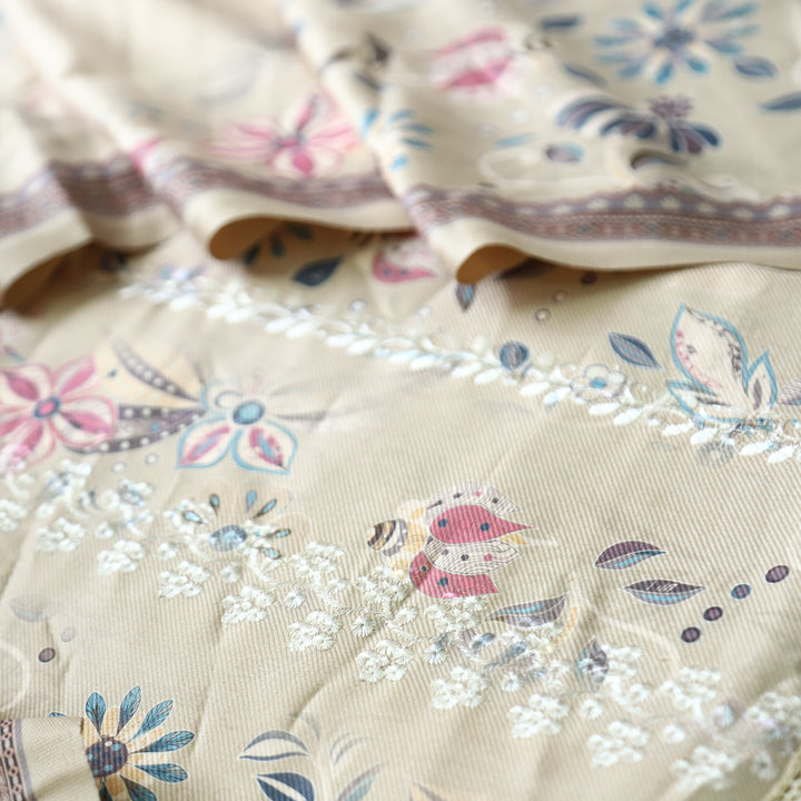 Raavi Sand Cream Floral Printed with Panel Style Embroidered Winter Set