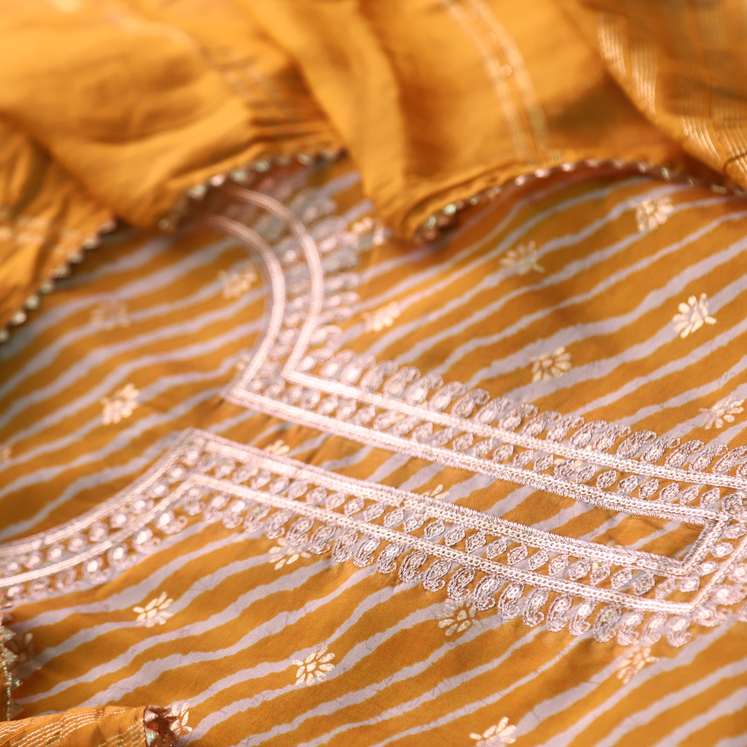 Rahi Mustard Yellow Zari Neck Work with Leheriya Printed Modal Suit Set