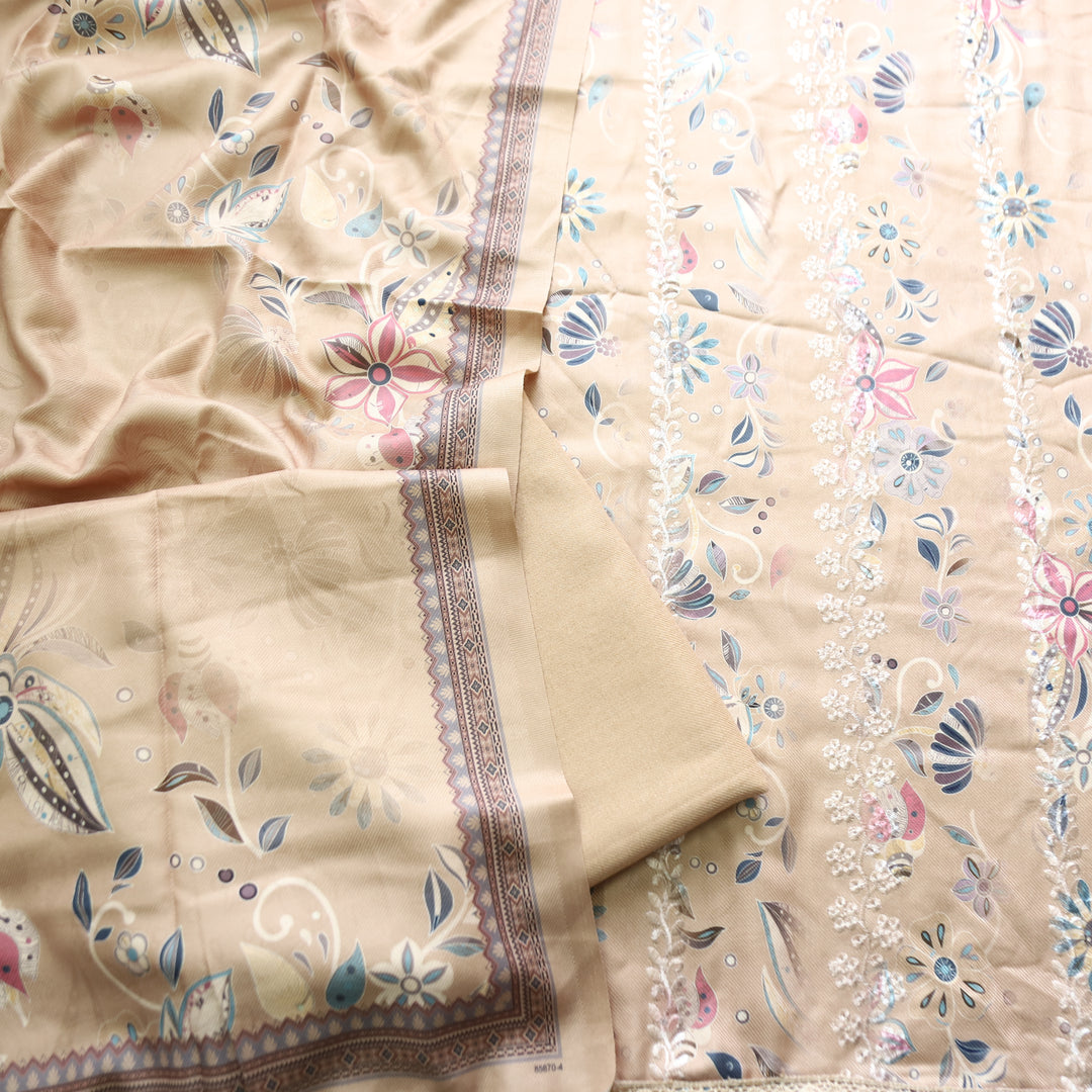 Raavi Hazel Beige Floral Printed with Panel Style Embroidered Winter Set