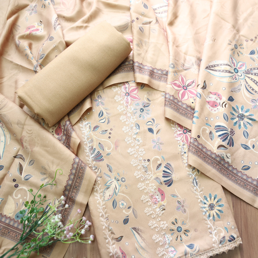 Raavi Hazel Beige Floral Printed with Panel Style Embroidered Winter Set