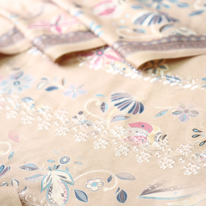 Raavi Hazel Beige Floral Printed with Panel Style Embroidered Winter Set