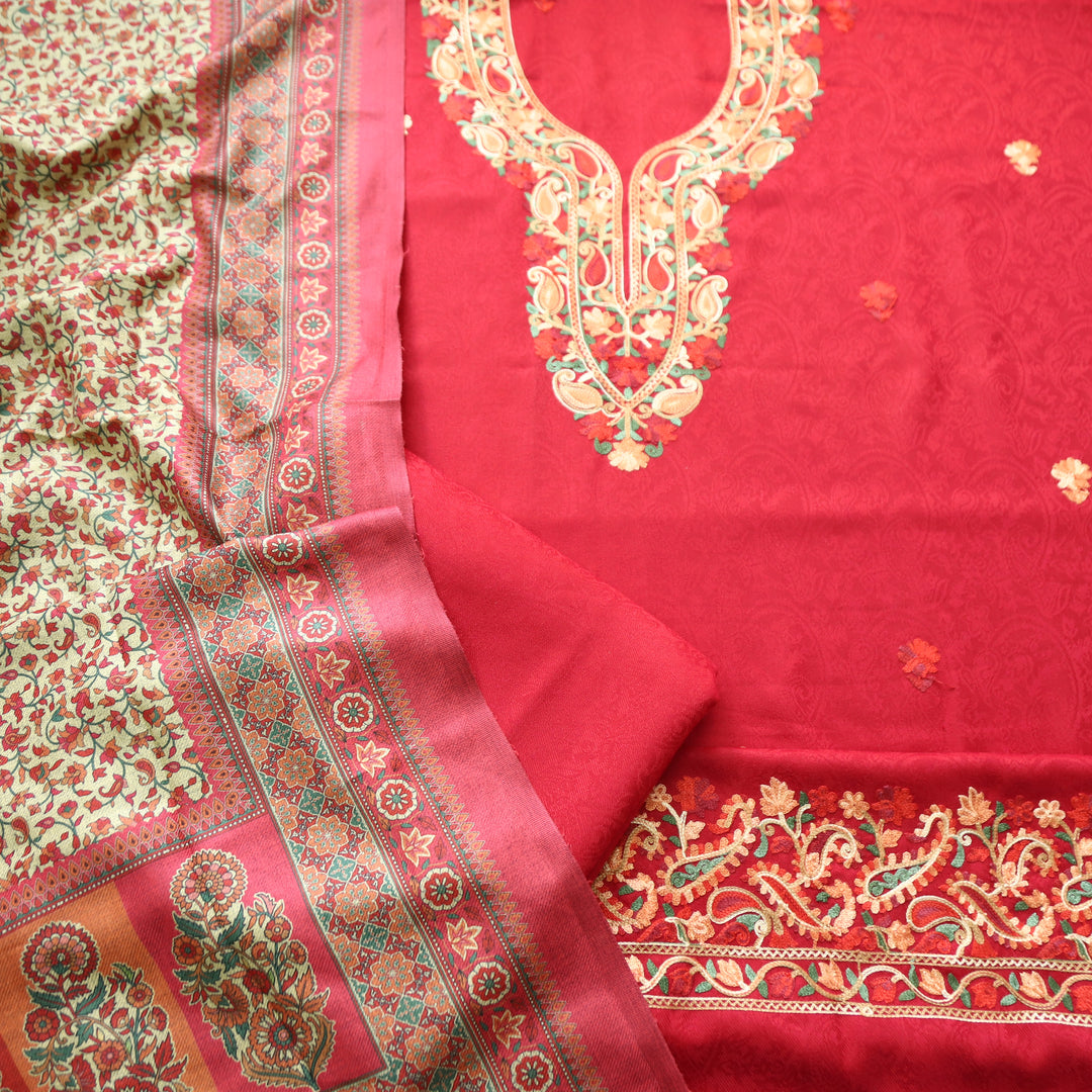 Ruchika Crimson Red with Kashida Embroidery Semi Pashmina Winter Set