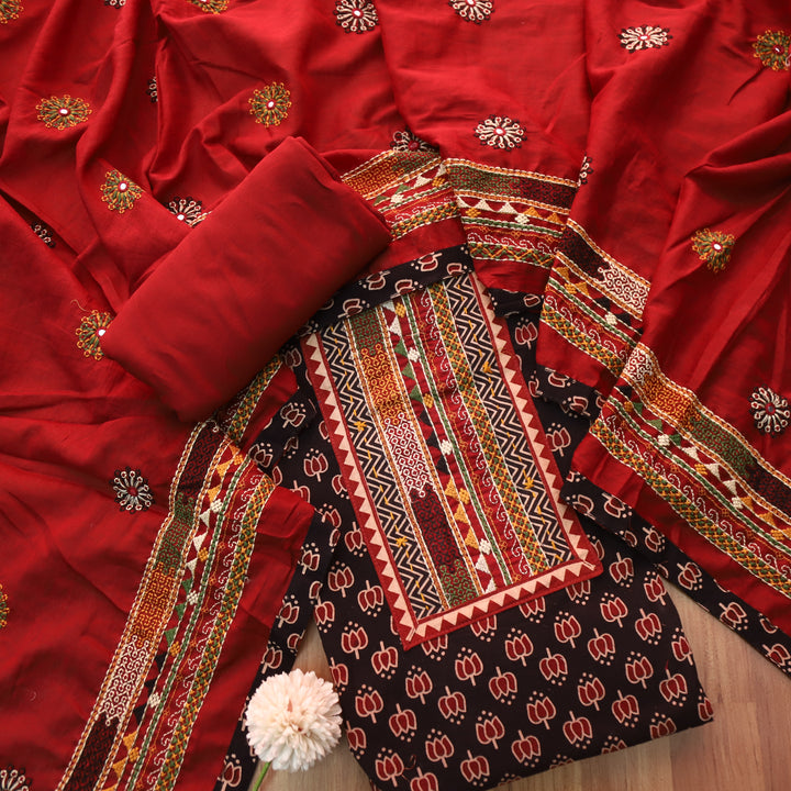 Hairat Faded Black Kutch Patch with Mirror Work Lotus Printed Cotton Suit Set