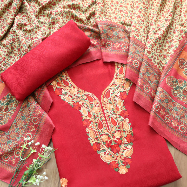 Ruchika Crimson Red with Kashida Embroidery Semi Pashmina Winter Set