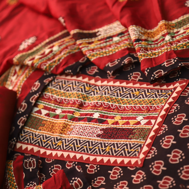 Hairat Faded Black Kutch Patch with Mirror Work Lotus Printed Cotton Suit Set