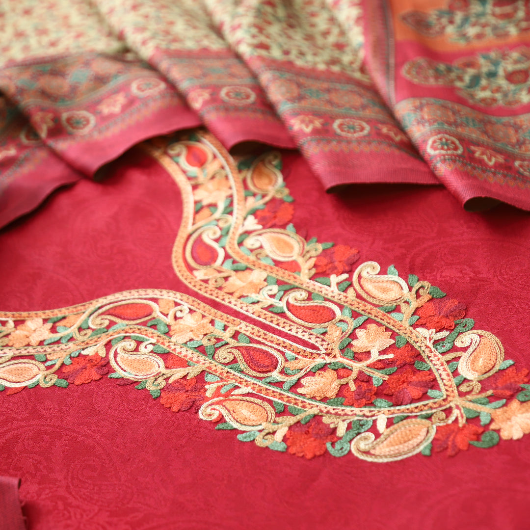 Ruchika Crimson Red with Kashida Embroidery Semi Pashmina Winter Set