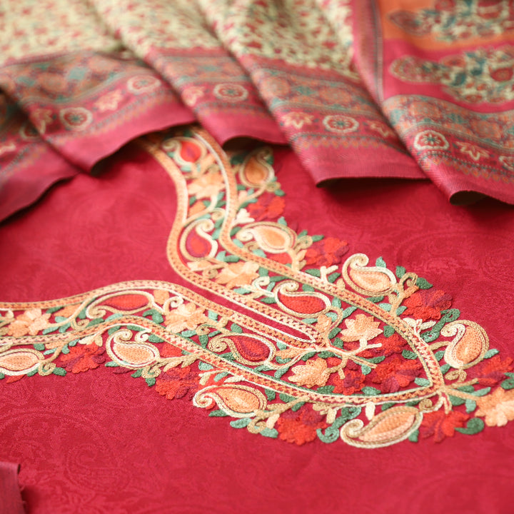 Ruchika Crimson Red with Kashida Embroidery Semi Pashmina Winter Set