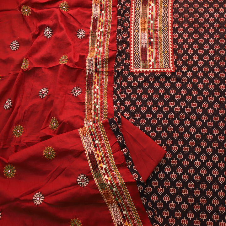 Hairat Faded Black Kutch Patch with Mirror Work Lotus Printed Cotton Suit Set