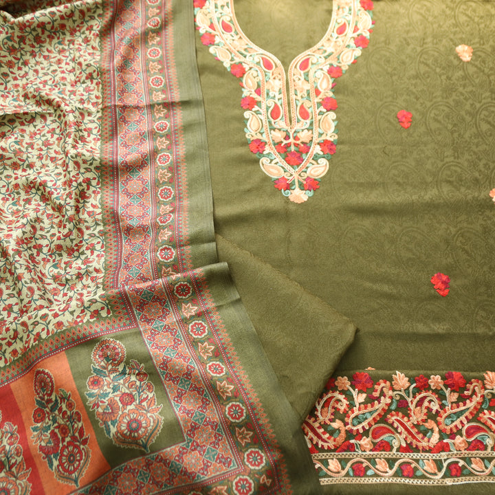 Ruchika Olive Green with Kashida Embroidery Semi Pashmina Winter Set