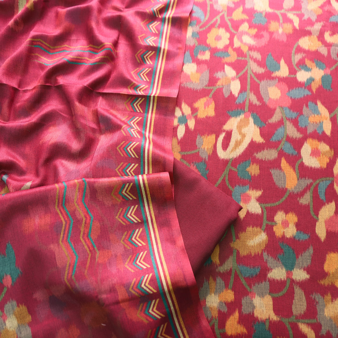 राजवाड़ी Burgundy Wine Digital Floral Burberry Printed Semi Pashmina Winter Set