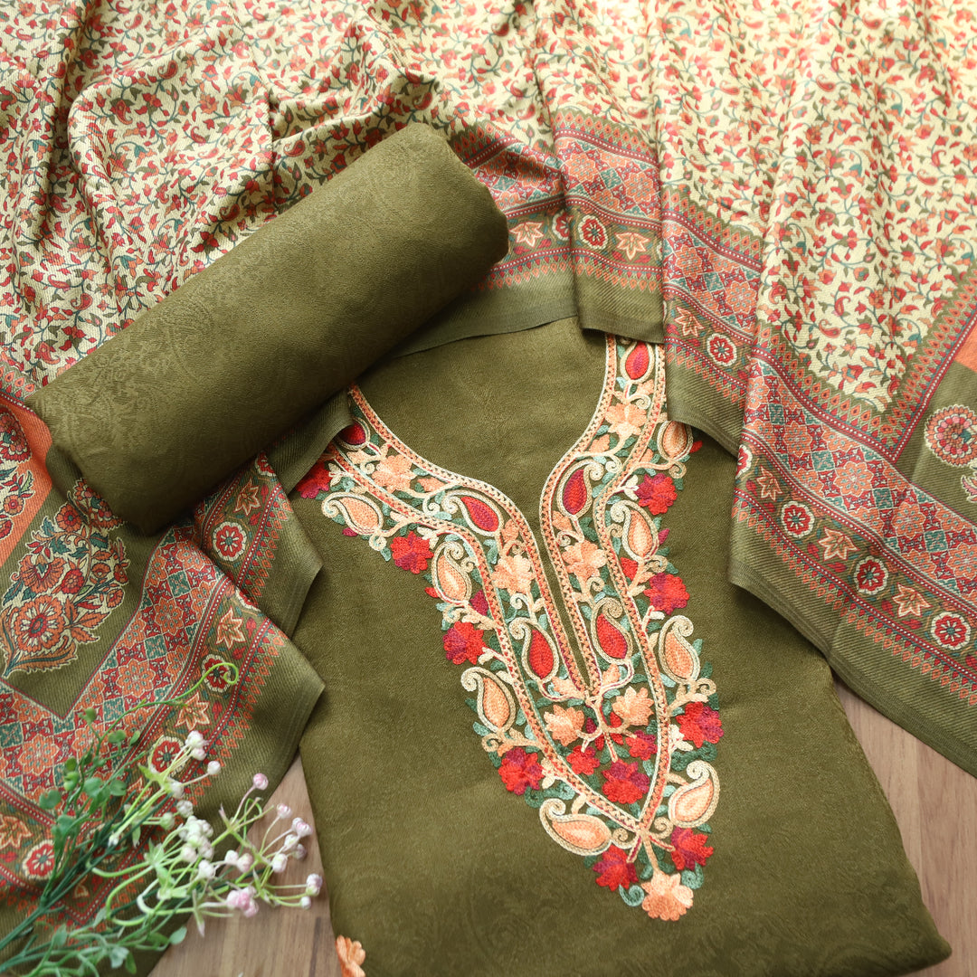 Ruchika Olive Green with Kashida Embroidery Semi Pashmina Winter Set