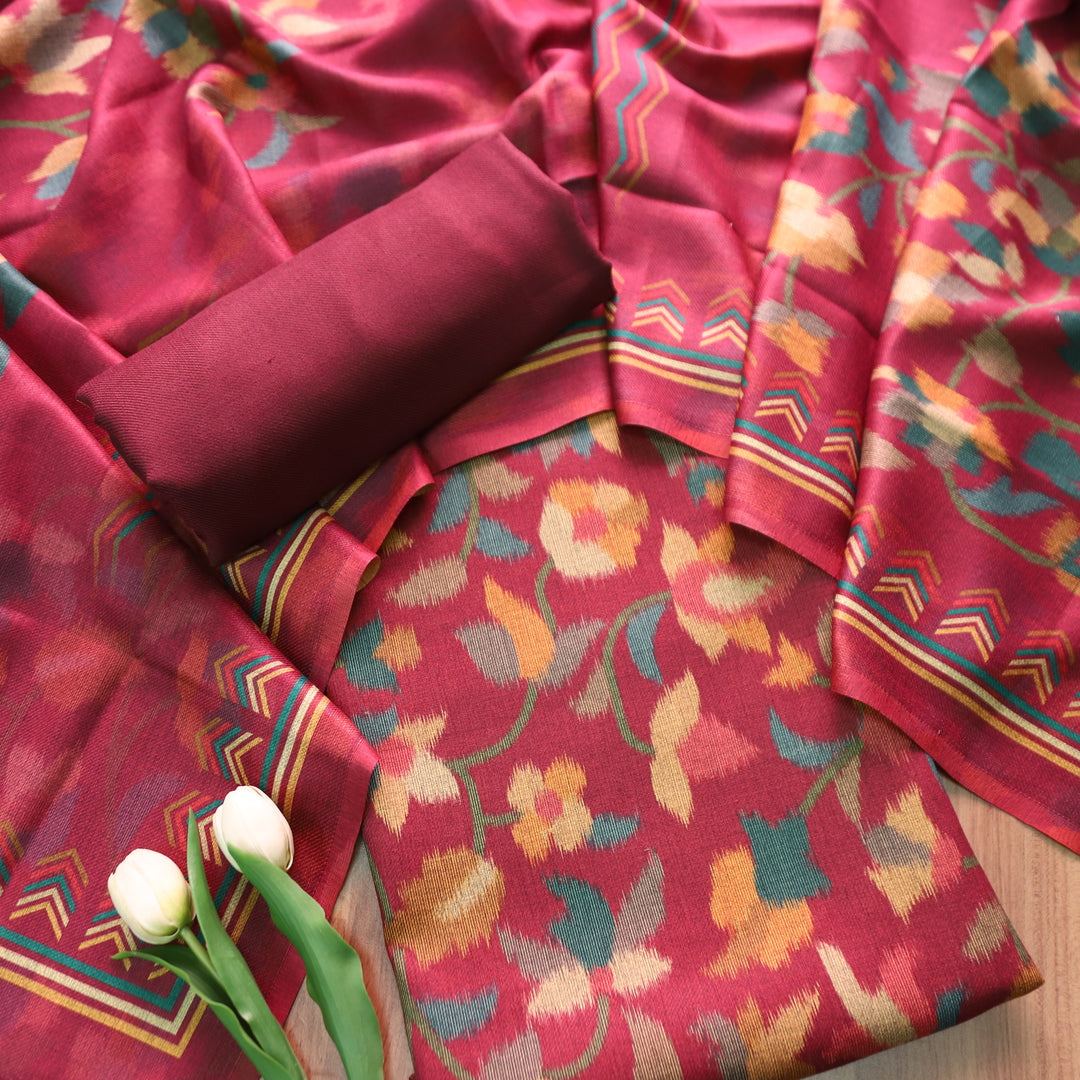 राजवाड़ी Burgundy Wine Digital Floral Burberry Printed Semi Pashmina Winter Set